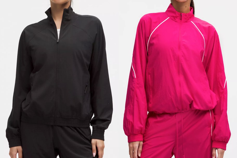 two women in black and pink jackets