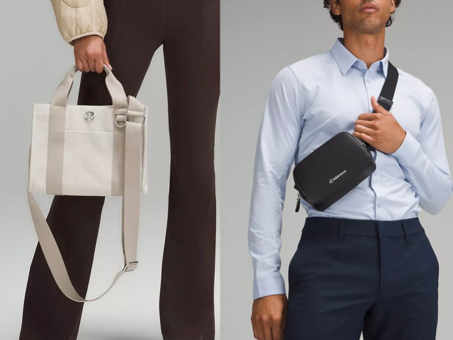 woman with beige bag and man wearing black bag