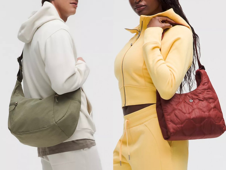 people wearing green and red bags