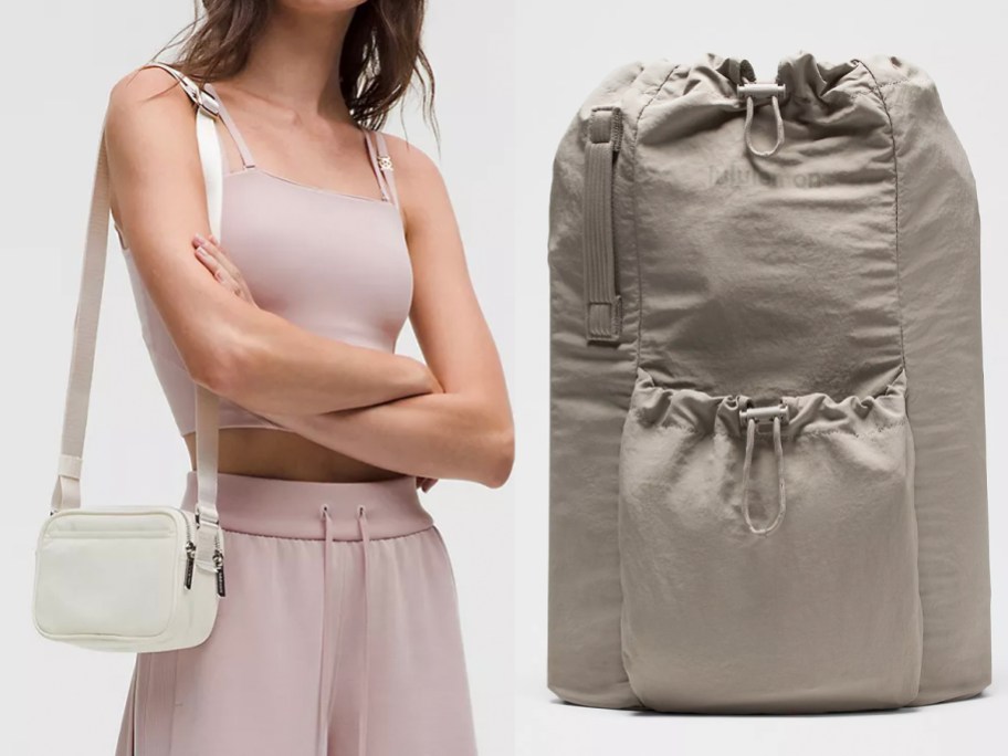 woman wearing white crossbody and gray bag