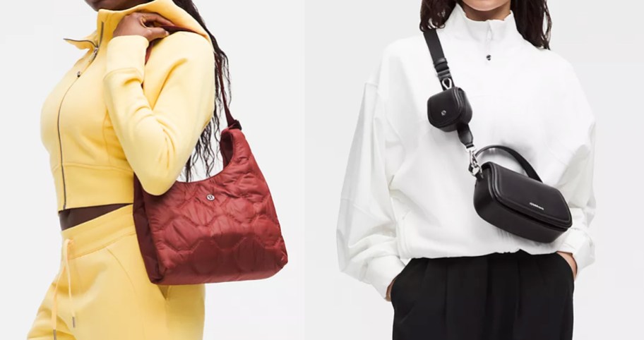 woman with red shoulder bag and woman with black crossbody bag