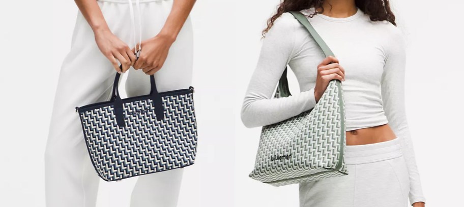 two women with printed tote and shoulder bags