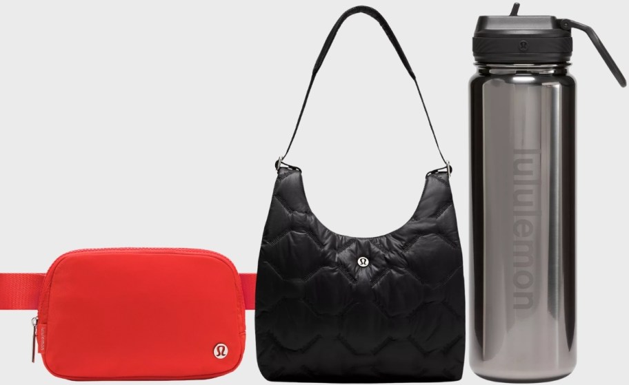 orange belt bag black mini tote and waterbottle