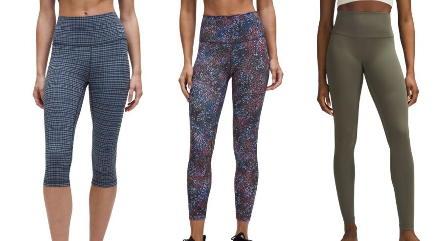 stock image of three diffrent lululemon leggings in different lengths and styles