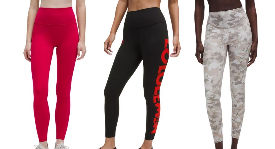 stock image of three different lululemon leggings in different patterns