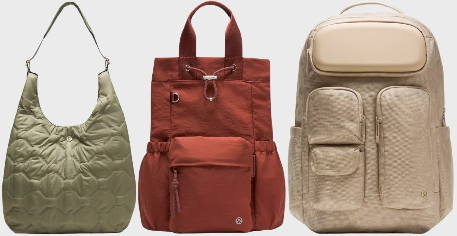 green shoulder bag, draw string tote and backpack