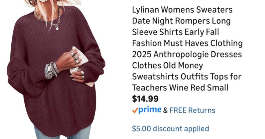 woman wearing burgundy sweater next to Amazon pricing information
