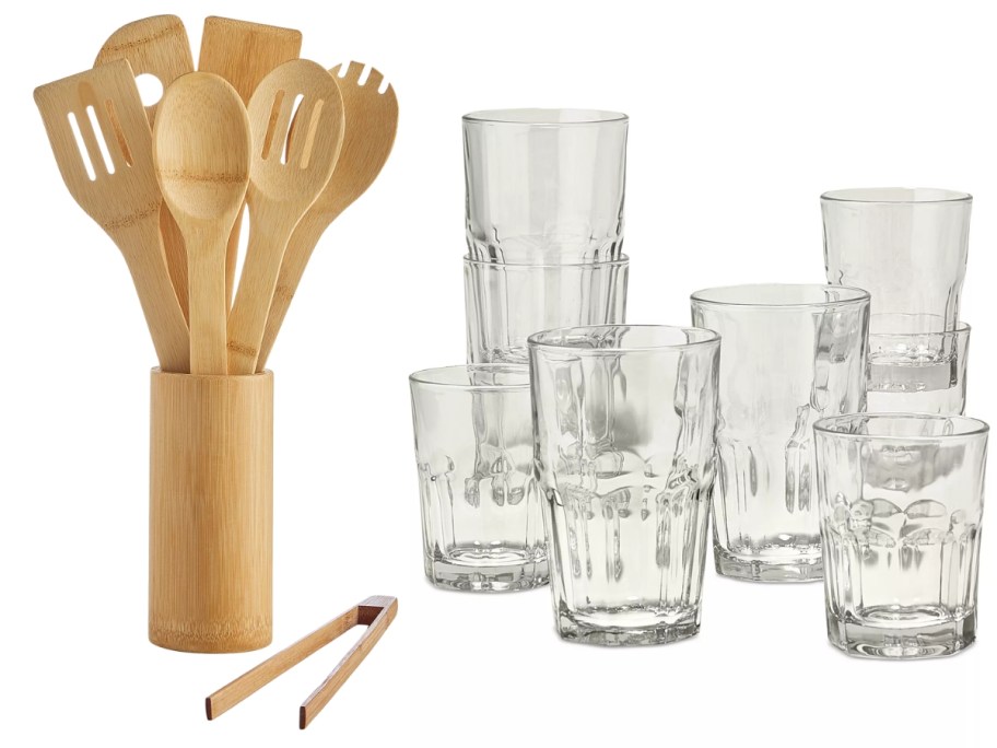bamboo utensils and holder and a set of drinking glasses