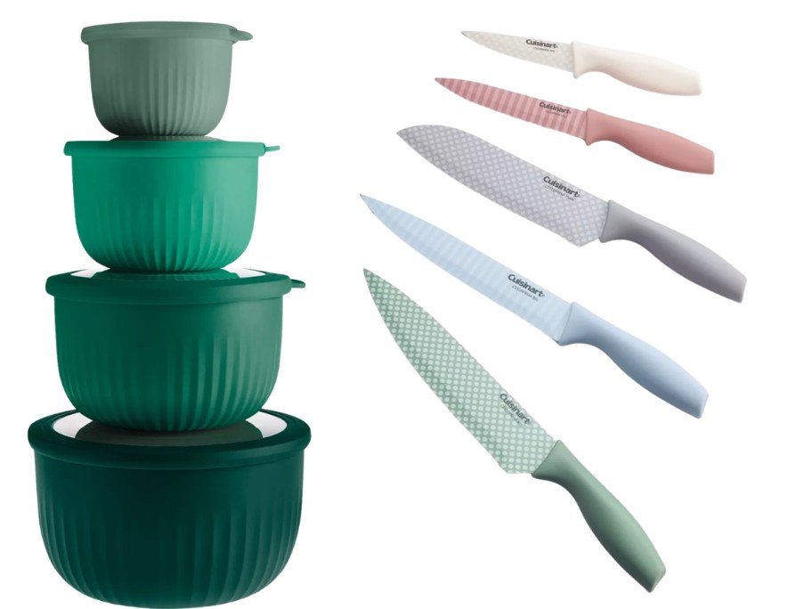 a set of bowls with lids and a set of Cuisinart knives
