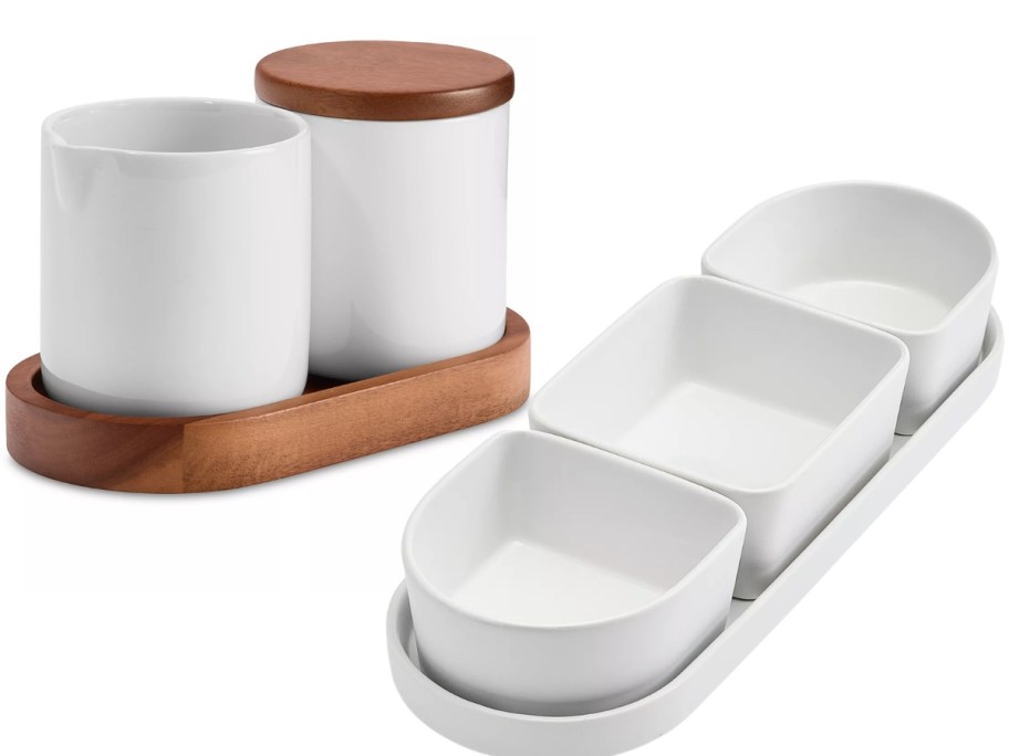 ceramic and wood coffee and creamer set and a ceramic multipiece serving dish set