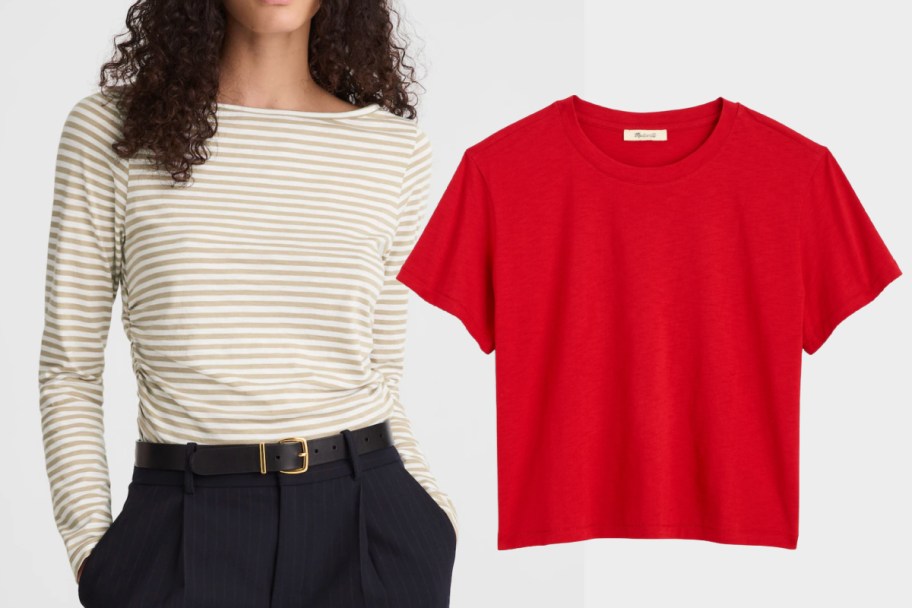 A woman wearing a white striped shirt next to a red t-shirt