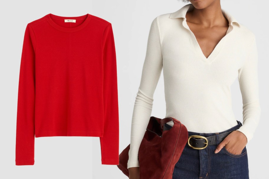 A woman in a white shirt next to a red shirt