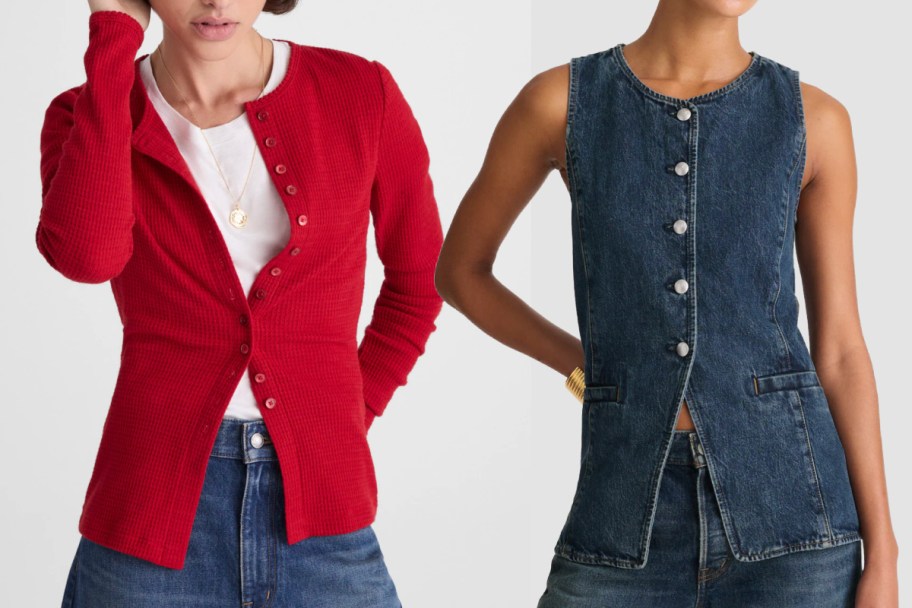 Woman wearing a red cardigan and jeans vest