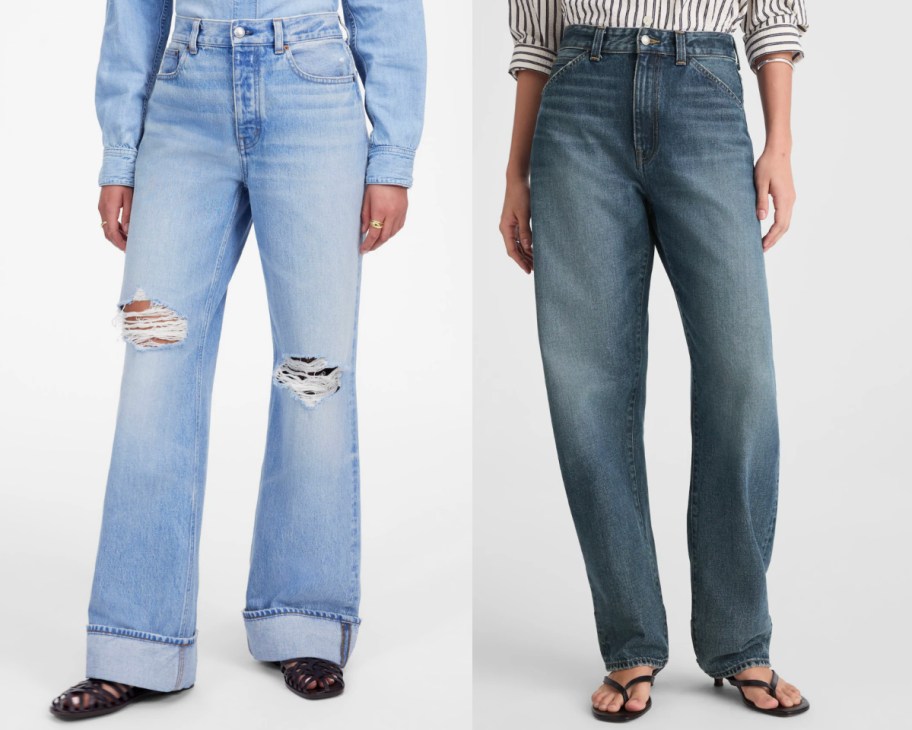 Two pairs of female legs in jeans