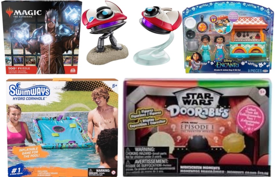 a puzzles, action figures. mirabel playset, water cornhole, and mini action figures