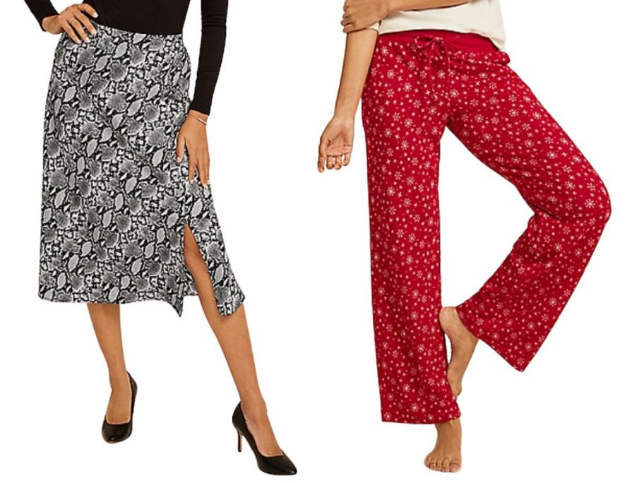 two women wearing a maurices skirt and pajama pants