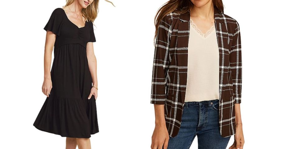 two women wearing a maurices dress and jacket