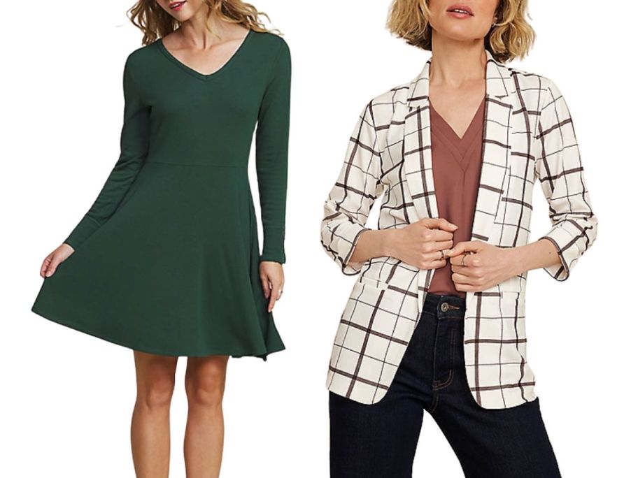 A woman wearing a green dress and a woman in a blazer