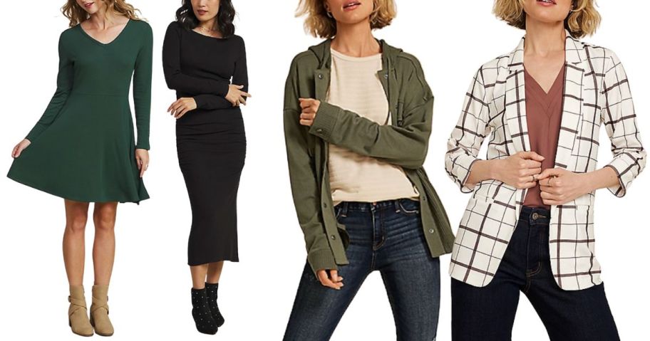 2 women wearing dresses and two women wearing jackets