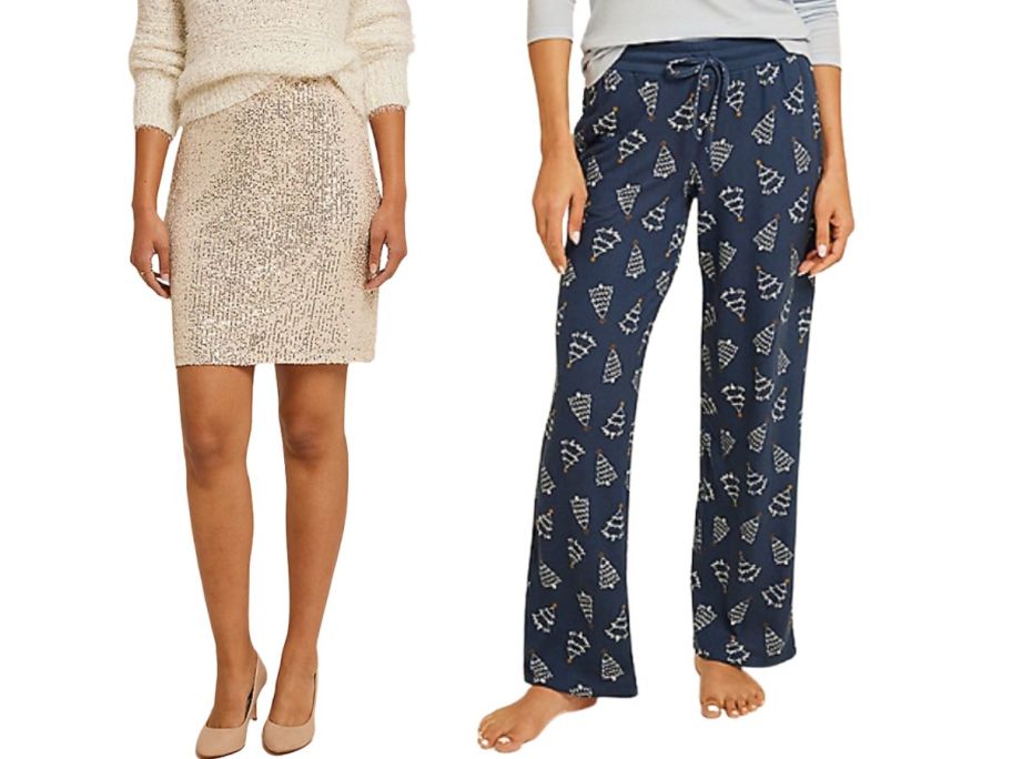 A woman in a gold skirt and another in a pair of blue pajamas