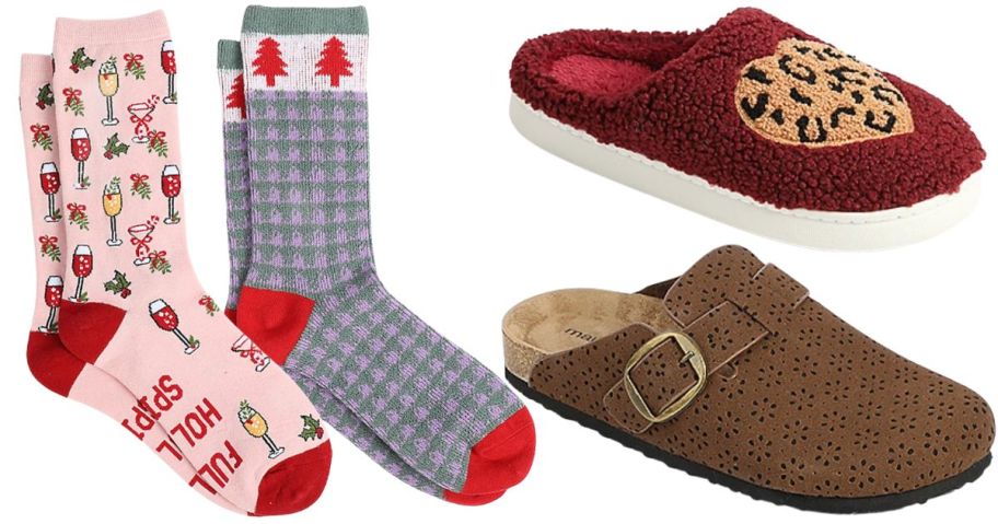 2 pairs of holiday socks, a slipper, and a tan clog