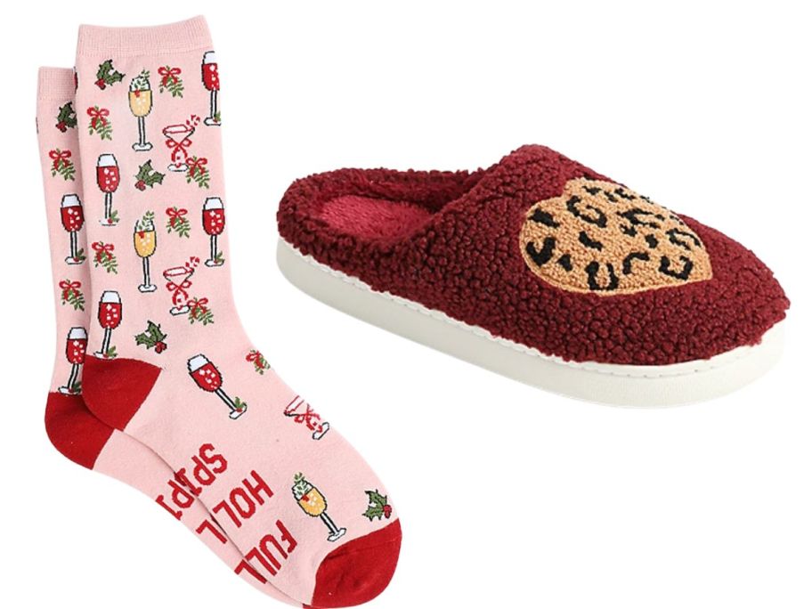 a pair of pinka nd red socks and a pair of slippers