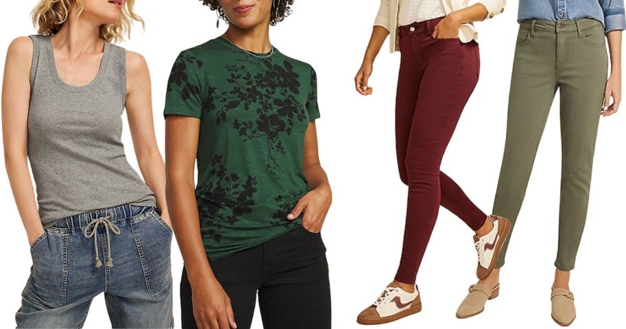 2 towne wearing tops in gray and green and two women wearing jeans in maroon and green