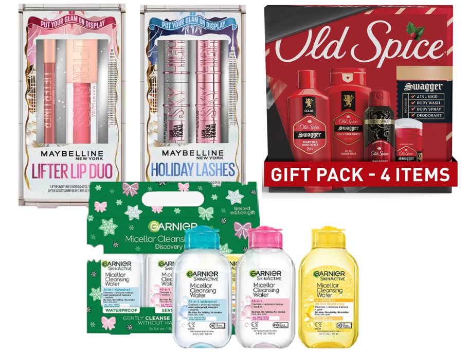 two maybelline, old spice, and garnier gift sets 