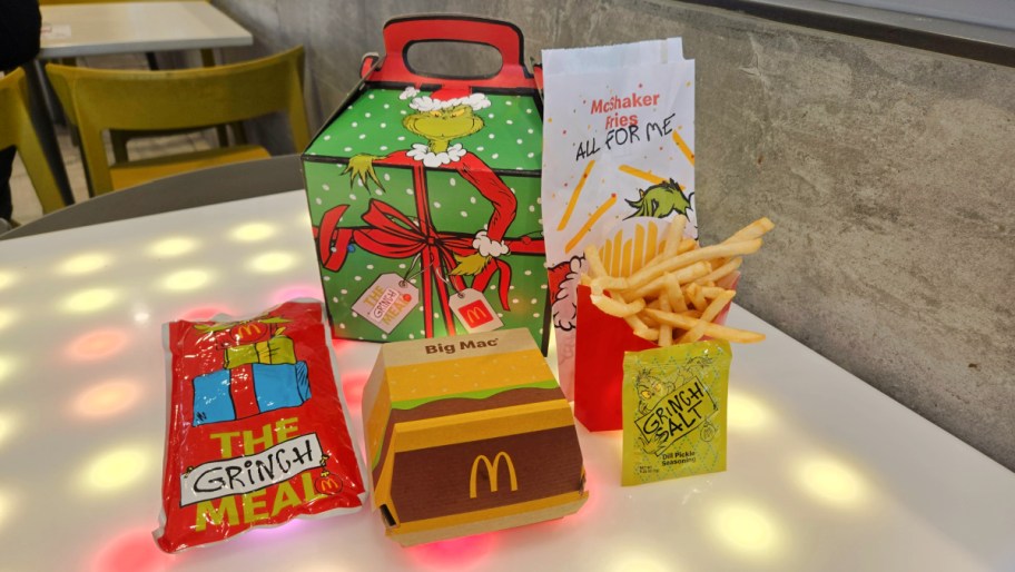 mcdonalds grinch meal contents displayed on a tabletop