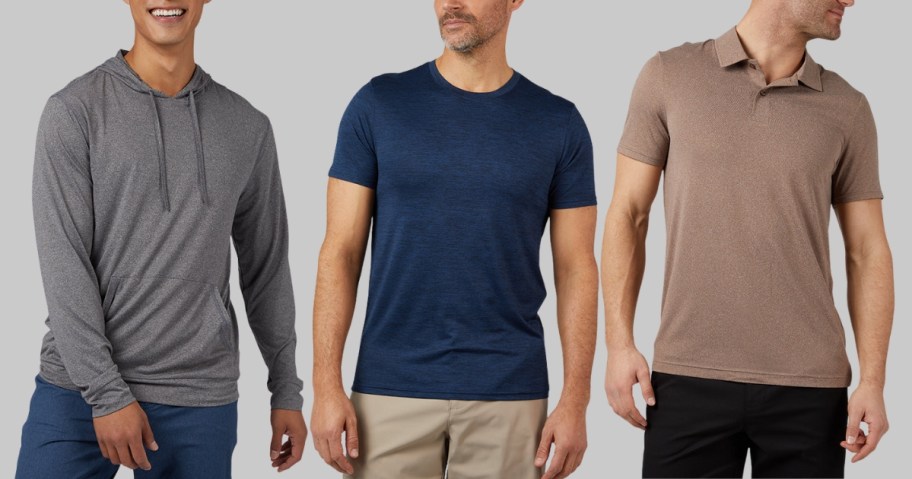 3 male models wearing mens hoodied tee, sleep tee, and polo