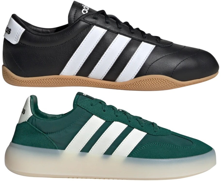 a black adidas sneaker and a green adidas sneaker