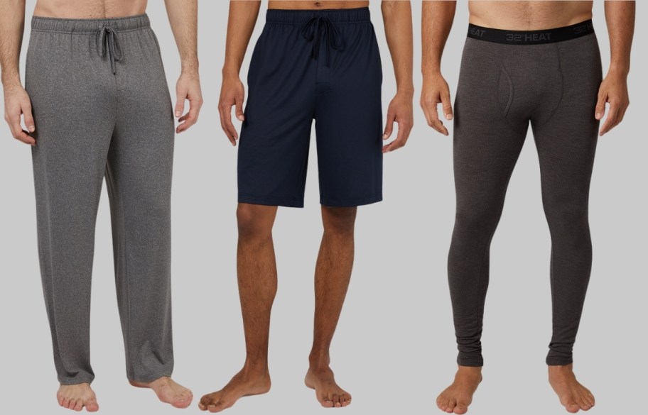 3 male models wear mens sleep pants sleep shorts and medium weight baselayer