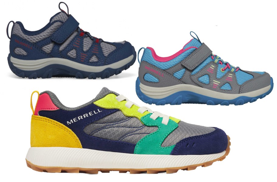 Three pairs of Merrell shoes.