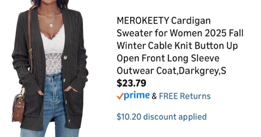 woman wearing gray cardigan sweater next to Amazon pricing information