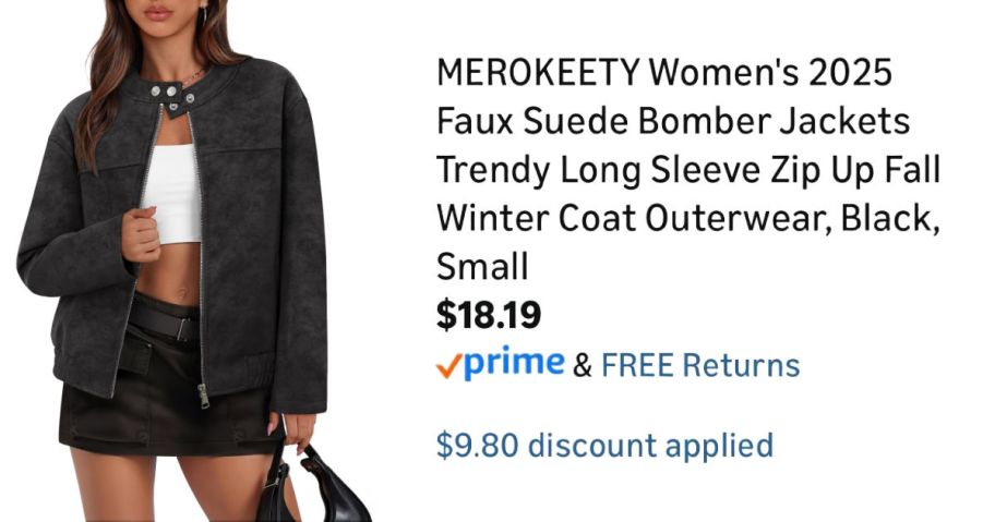 woman wearing black jacket next to Amazon pricing information