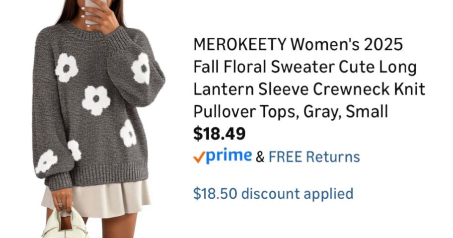 woman wearing gray sweater with white flowers next to Amazon pricing information