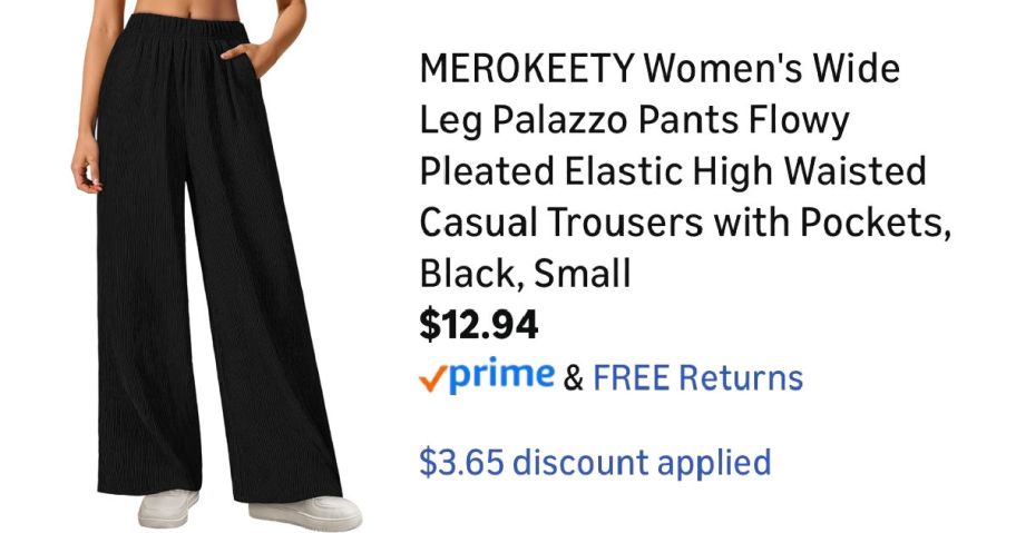woman wearing black pants next to Amazon pricing information