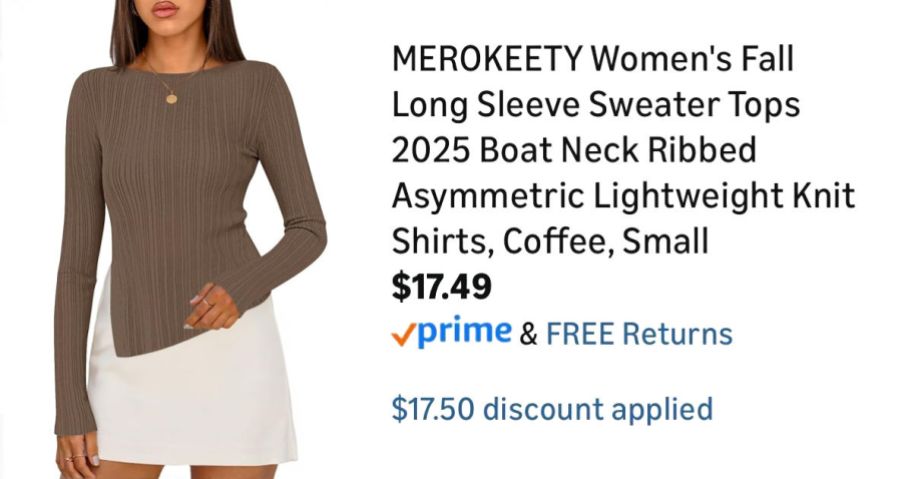 woman wearing brown shirt next to Amazon pricing information