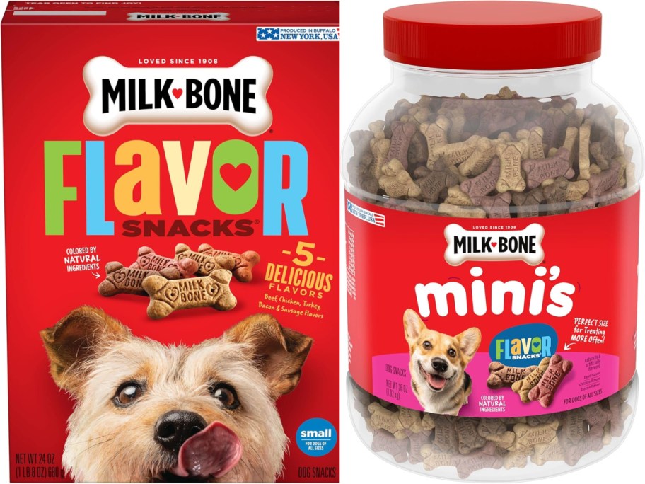 Two containers of MIlk Bone dog treats.