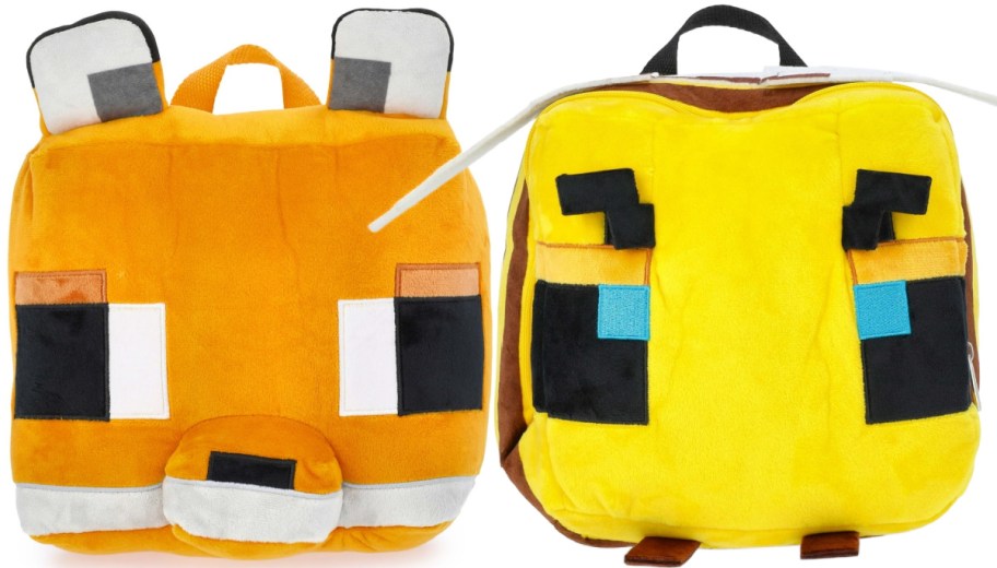 Two square plush backpacks are side by side. The left backpack is orange with black and white details, resembling a Minecraft fox. The right is yellow with blue and black detailing, resembling a Minecraft bee.