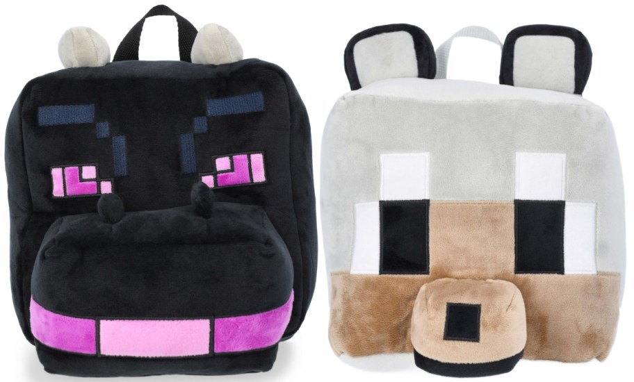 Plush backpacks shaped like cube-style animal characters from Minecraft. The left is ender dragon-themed with purple accents; the right is a wolf with neutral tones.