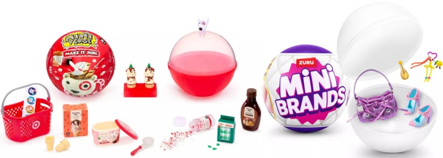 A variety of toy surprise balls and miniatures, including a red Rilakkuma-themed set with treats and toppings, and a Zuru Mini Brands ball with small toy items.