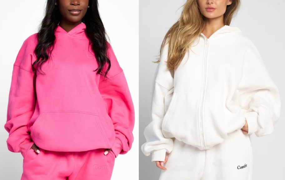 2 models wearing different styles and colors of hooded sweatshirts