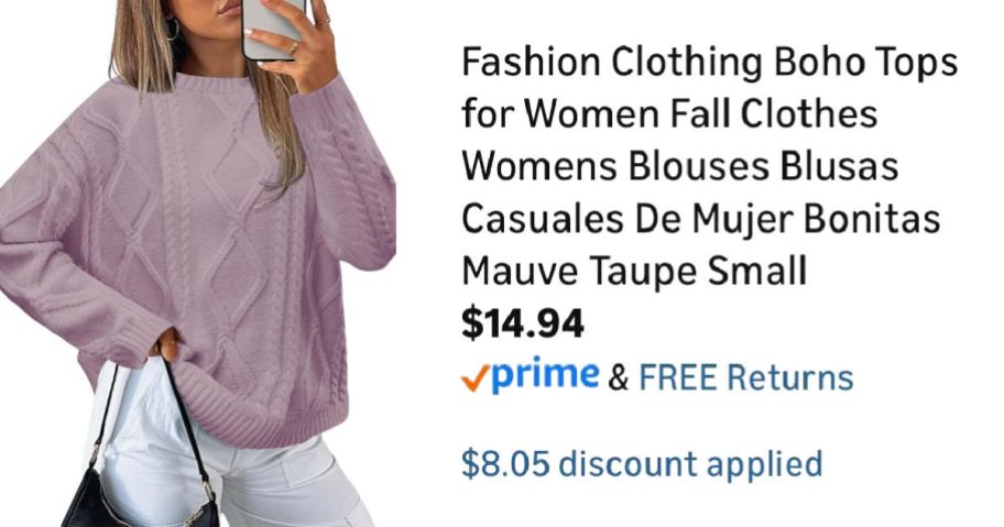 woman wearing purple sweater next to Amazon pricing information
