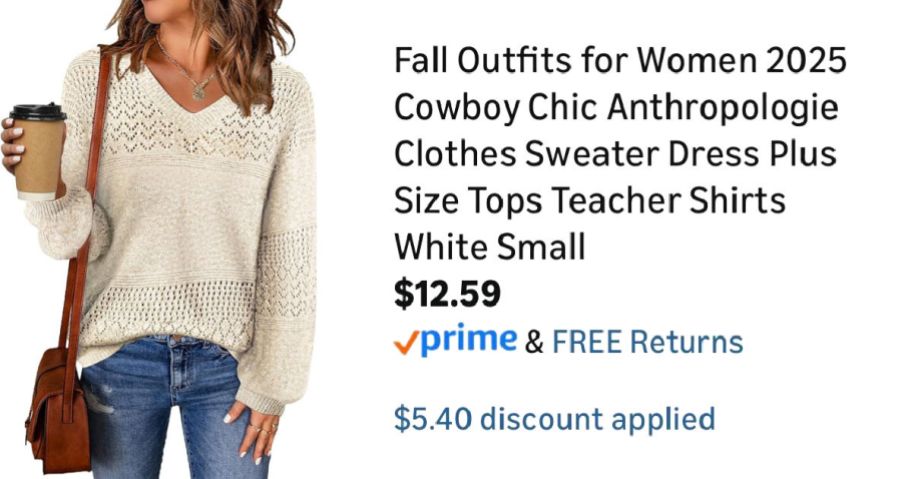 woman wearing white sweater next to Amazon pricing information