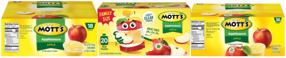 Three boxes of Mott's applesauce.