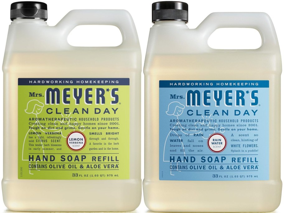 Two Mrs. Meyers soap refill bottles.