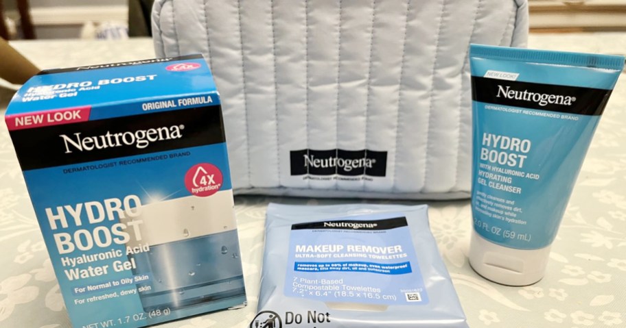 blue makeup bag and three things of neutrogena