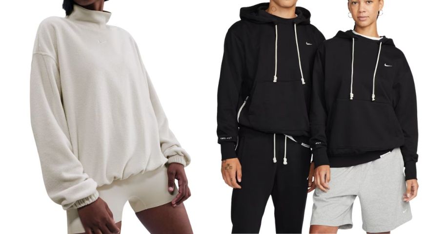 three people wearing nike sweatshirts