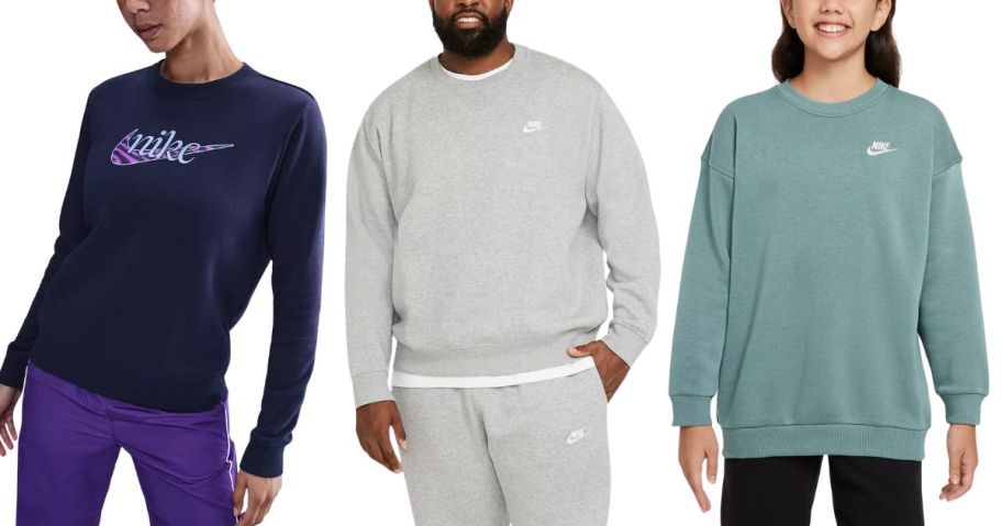 three people wearing nike sweatshirts